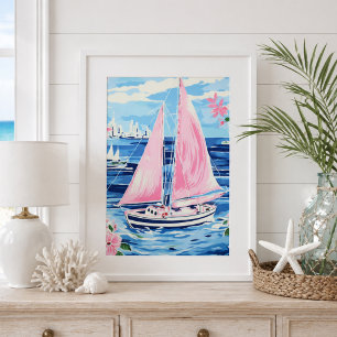 Poster Aquarelle Bateau à voile rose coloré bleu côtier