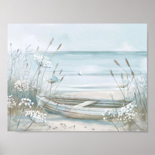 Poster aquarelle bateau blanc sur la plage