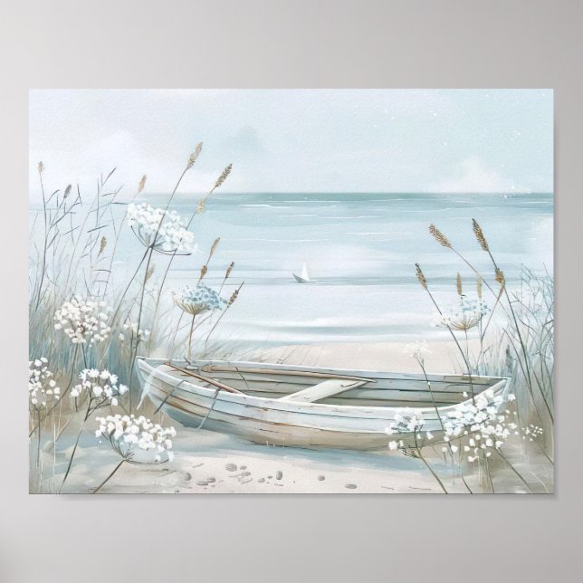 Poster aquarelle bateau blanc sur la plage (Devant)