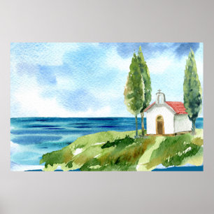 Poster Aquarelle Beach Coastal Ocean Church