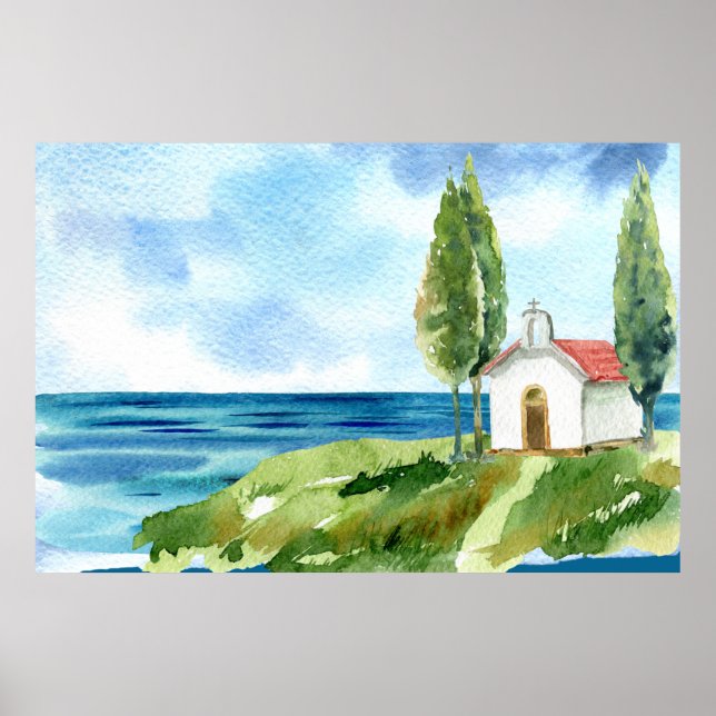 Poster Aquarelle Beach Coastal Ocean Church (Devant)
