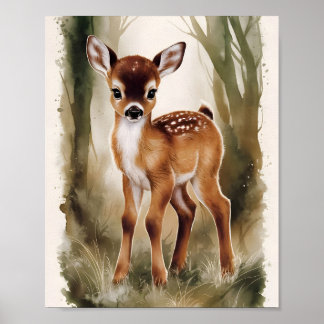 Poster Aquarelle Bébé Cerf Adorable Nourriture Décor Enfa