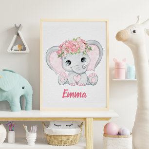 Poster Aquarelle Bébé Eléphant rose Floral Girl Nursery