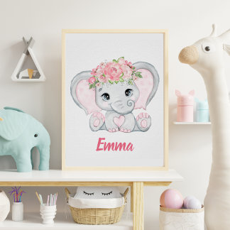 Poster Aquarelle Bébé Eléphant rose Floral Girl Nursery