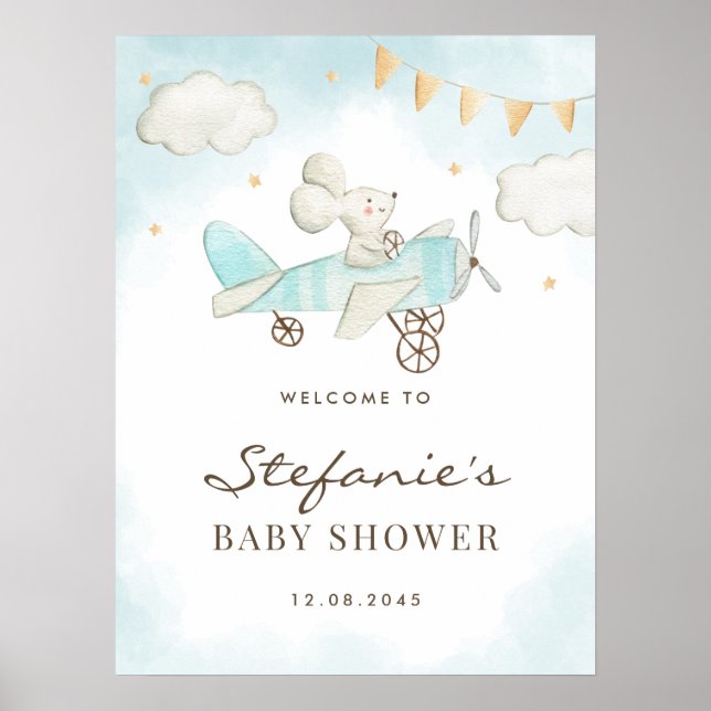 Poster Aquarelle Bébé Souris Pilote Baby shower bleu (Devant)