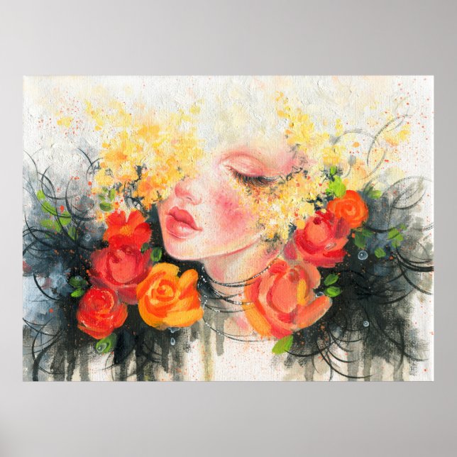 Poster Aquarelle belle femme et fleurs (Devant)