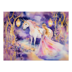 Poster Aquarelle Belle princesse et licorne