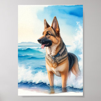 Poster Aquarelle berger allemand à la plage 2
