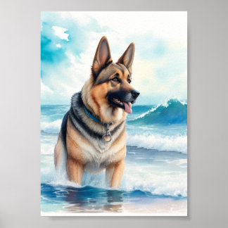 Poster Aquarelle berger allemand à la plage 3