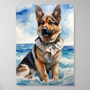 Poster Aquarelle berger allemand à la plage 5