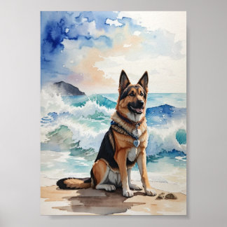 Poster Aquarelle berger allemand à la plage 6