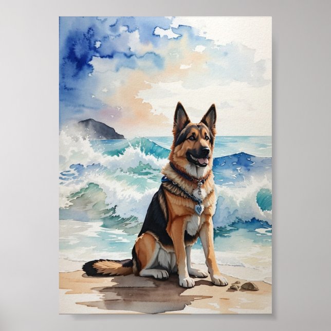 Poster Aquarelle berger allemand à la plage 6 (Devant)