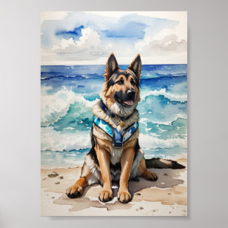 Poster Aquarelle berger allemand à la plage 7