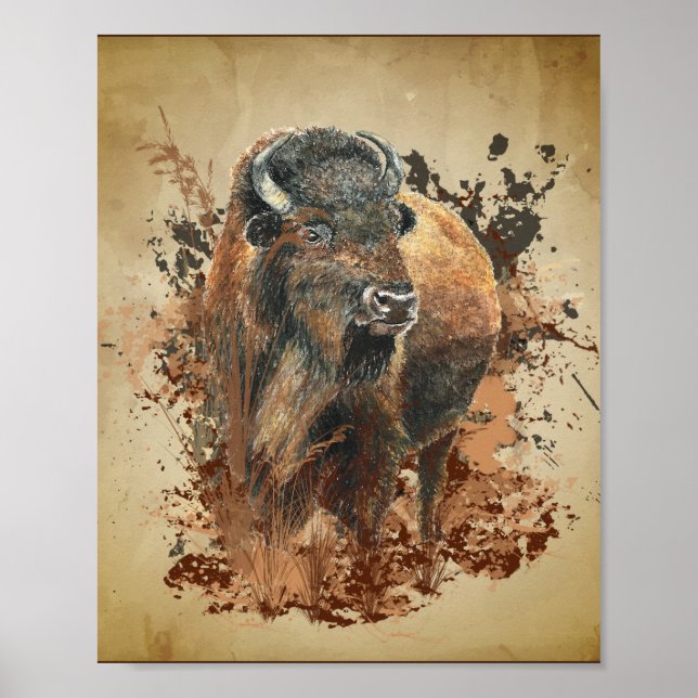 Poster Aquarelle Bison Buffle Animaux Nature (Devant)