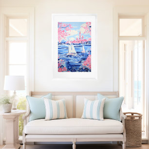 Poster Aquarelle Blanc Bateaux à voile Bleu Eaux Rose Flo