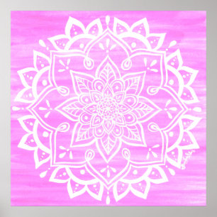 Poster Aquarelle blanche rose rose mandala