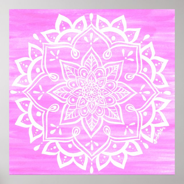 Poster Aquarelle blanche rose rose mandala (Devant)