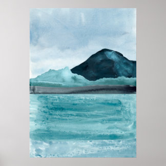 Poster Aquarelle bleu abstrait paysage de lac Art moderne