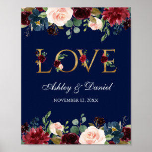 Poster Aquarelle Bleu Bourgogne Floral Gold Mariage