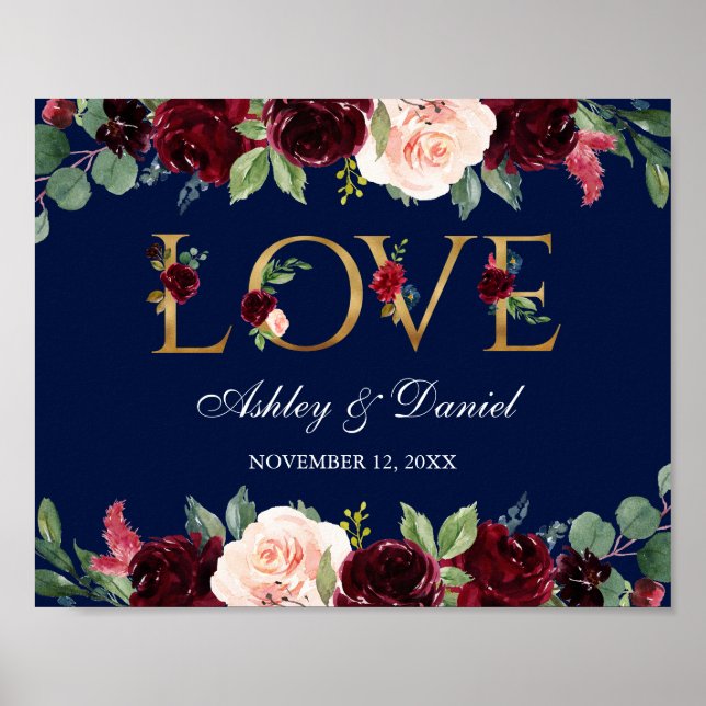 Poster Aquarelle Bleu Bourgogne Floral Love Mariage Or (Devant)