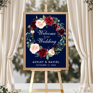 Poster Aquarelle Bleu Bourgogne Floral Mariage Bienvenue