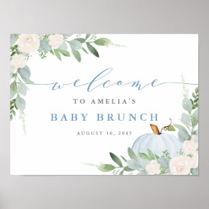 Poster Aquarelle Bleu Citrouille Automne Bébé Brunch Bien