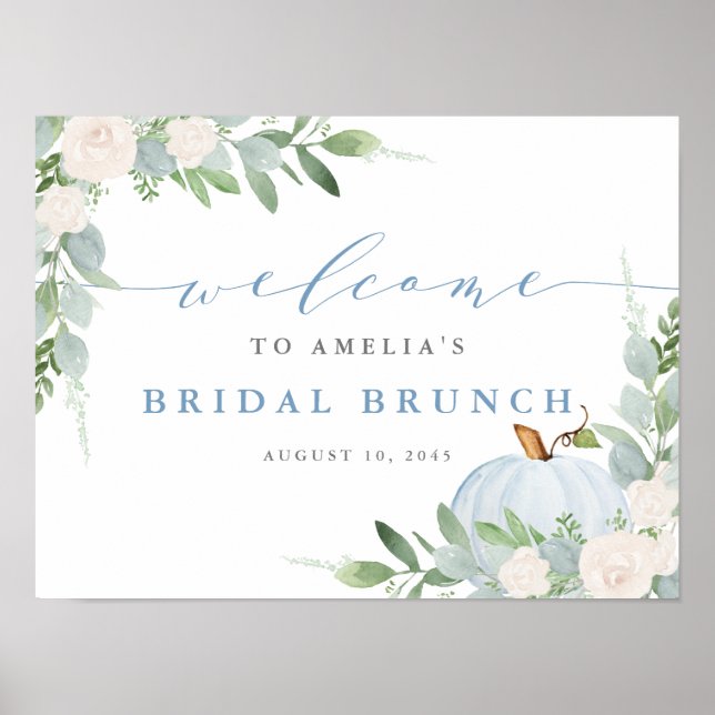 Poster Aquarelle Bleu Citrouille Automne Bridal Brunch Bi (Devant)