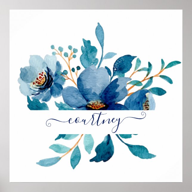 Poster Aquarelle bleu clair florale personnalisée (Devant)