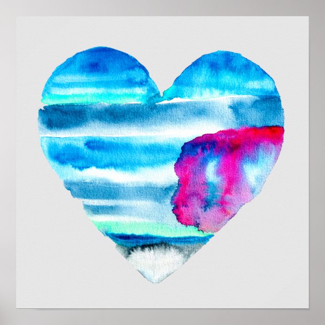 Poster Aquarelle bleu coeur mignon (Devant)