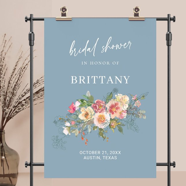 Poster Aquarelle bleu Dusty Fête des mariées Florale Bien (Dusty Blue Watercolor Floral Bridal Shower Welcome Poster )