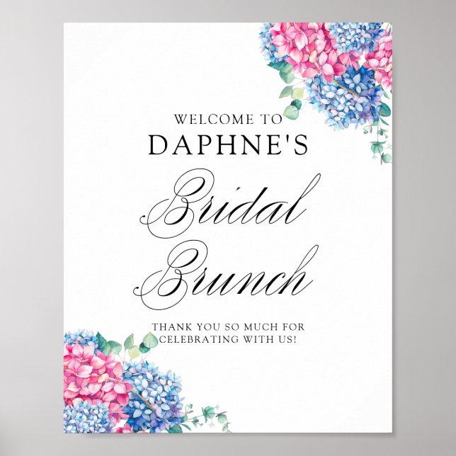 Poster Aquarelle Bleu et rose Hydrangée Brunch nuptial (Devant)