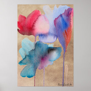 Poster Aquarelle bleu fleurs moderne floral sur taupe