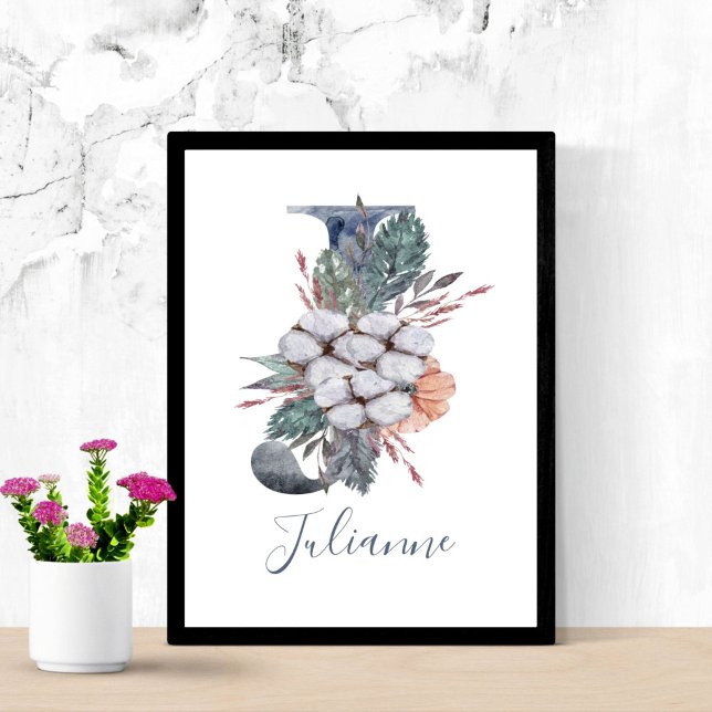Poster Aquarelle bleu Floral Monogramme J Nom (Blue White Peach Watercolor Floral Monogram J Personalized Name Wall Art)