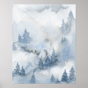 Poster Aquarelle bleu foncé Forêt Abstraite