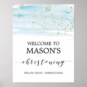 Poster Aquarelle Bleu & Or Étincelle Christening Bienvenu