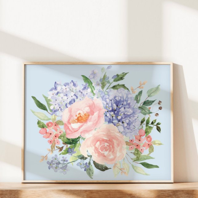 Poster Aquarelle Bleu rose Hydrangée Peony Ressort Floral (In situ under sunlight)