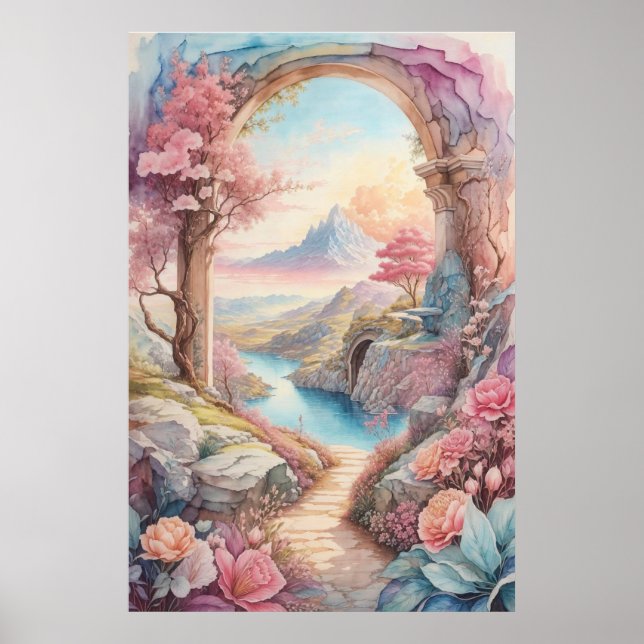 Poster Aquarelle bleu rose Imaginaire Paysage (Devant)