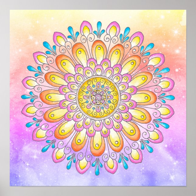 Poster Aquarelle bleu rose orange Mandala (Devant)