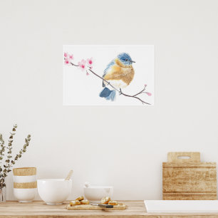 Poster Aquarelle bleu sur une branche de fleur de cerisie