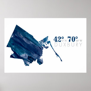 Poster Aquarelle bleue Duxbury MA Carte avec coordonnées