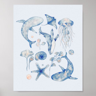 Poster Aquarelle bleue et rose Poisson Océan Thème