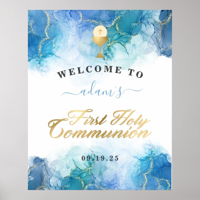 Poster Aquarelle Bleue Garçon Première Communion Sainte B (Devant)