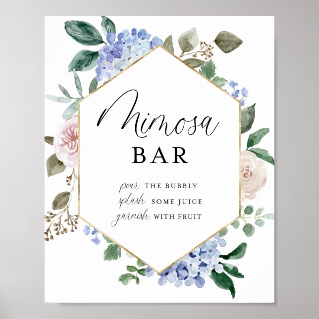 Poster Aquarelle bleue Hydrangeas Gold Frame Mimosa Bar (Devant)