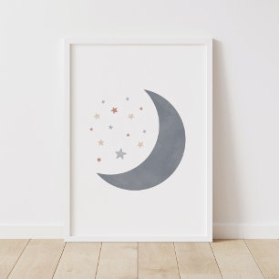 Poster Aquarelle bleue Lune Boho Nursery Décor
