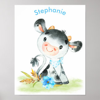 Poster Aquarelle bleue Petite vache