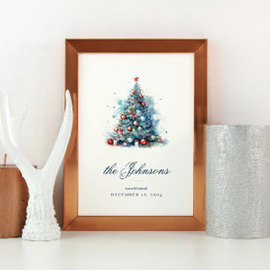 Poster Aquarelle bleue Style Arbre de Noël avec ornement