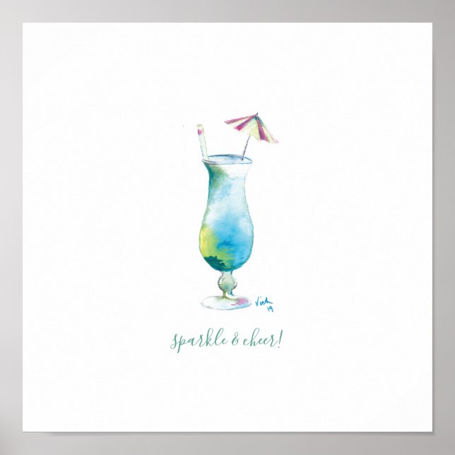 Poster Aquarelle bleue Tropical Bar Art (Devant)