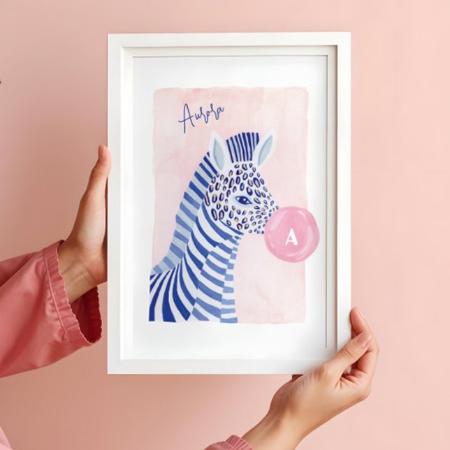 Poster Aquarelle bleue Zebra Animal Blown Gum Buble (Blue Watercolor Zebra Animal Blowing Gum Bubble Poster)