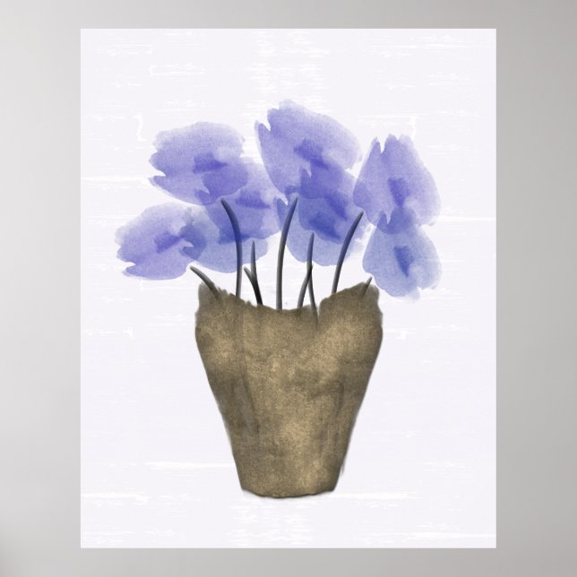 Poster Aquarelle Blue Anemones dans le vase de cuivre (Devant)