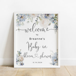 Poster Aquarelle Blue Floral Baby shower Bienvenue
